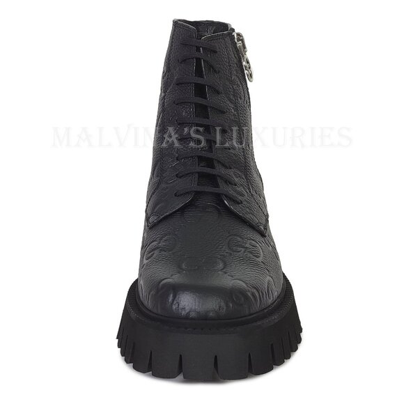 GUCCI BOOTS MENS ANKLE BLACK GG LOGO LEATHER ZIPPER LACE-UP sz 9.5 10 US main image 9
